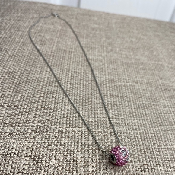 SILVER tone Necklace Pink White Rhinestones Crystals Bead Style Round on Chain - Picture 2 of 5